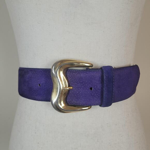 Unbranded Accessories - Vintage Purple Suede Leather Belt Small Wide Gold Sculptural Statement Waist 80s